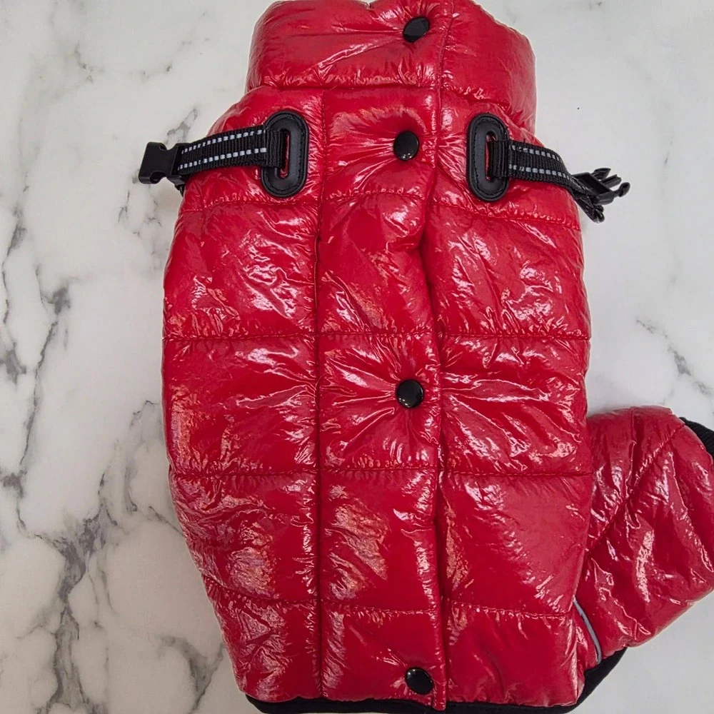Red Puffer Dog Snowsuit Quilted Pet Jumpsuit with Harness Reflective Trim 12in